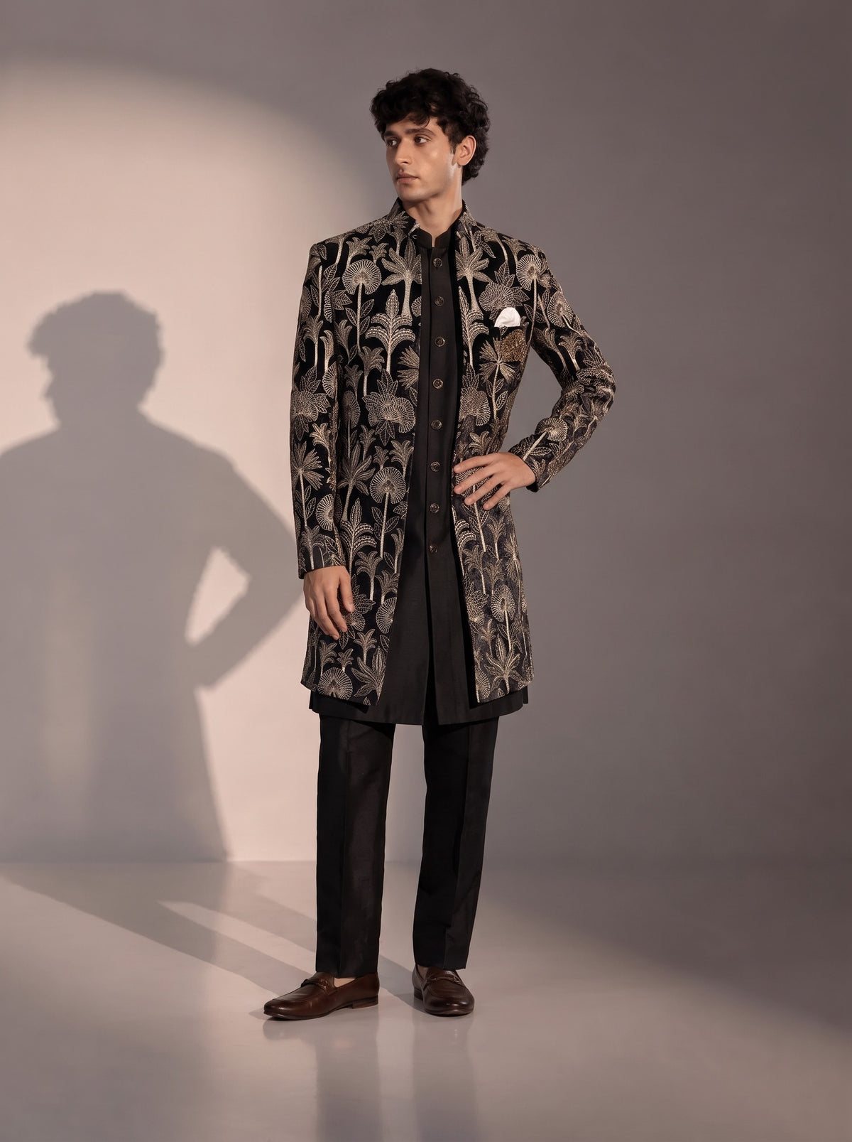 Black Palm Embroidered Silk Indowestern For Men