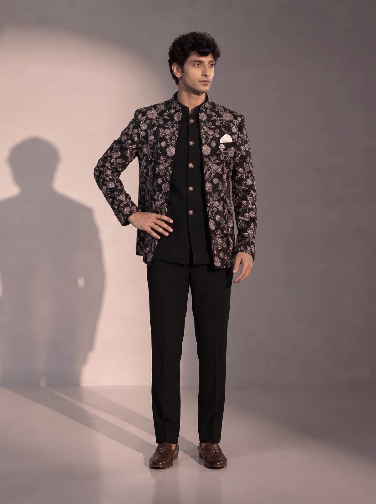 Black Silver Floral Jodhpuri Indowestern Suit For Men