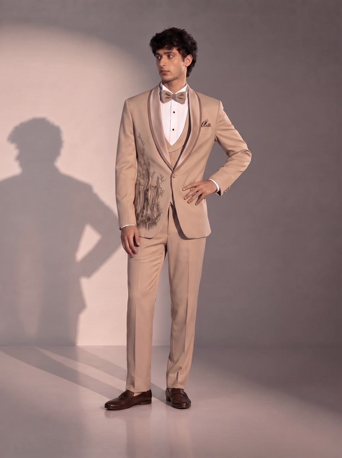Fawn Bamboo Embellished Tuxedo Suit For Men