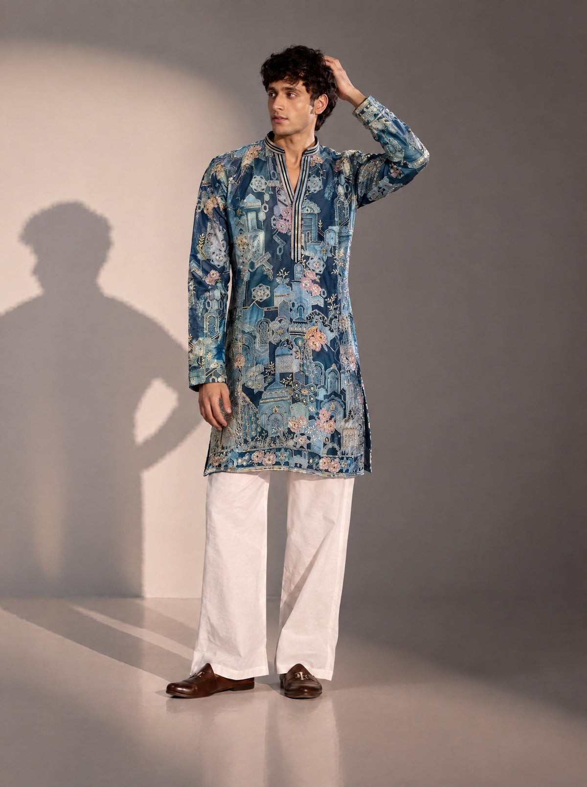 Blue Printed Kurta Pajama for Men