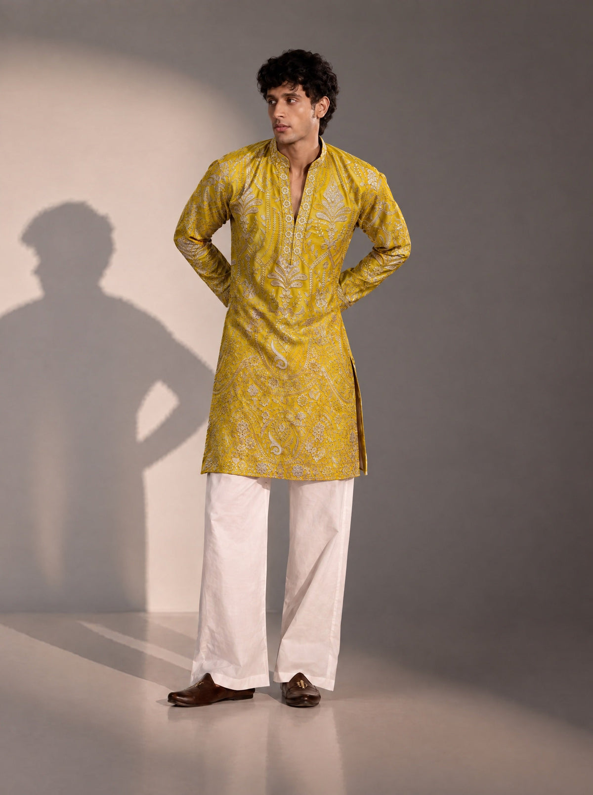 Mustard Embellished Kurta Pajama for Men