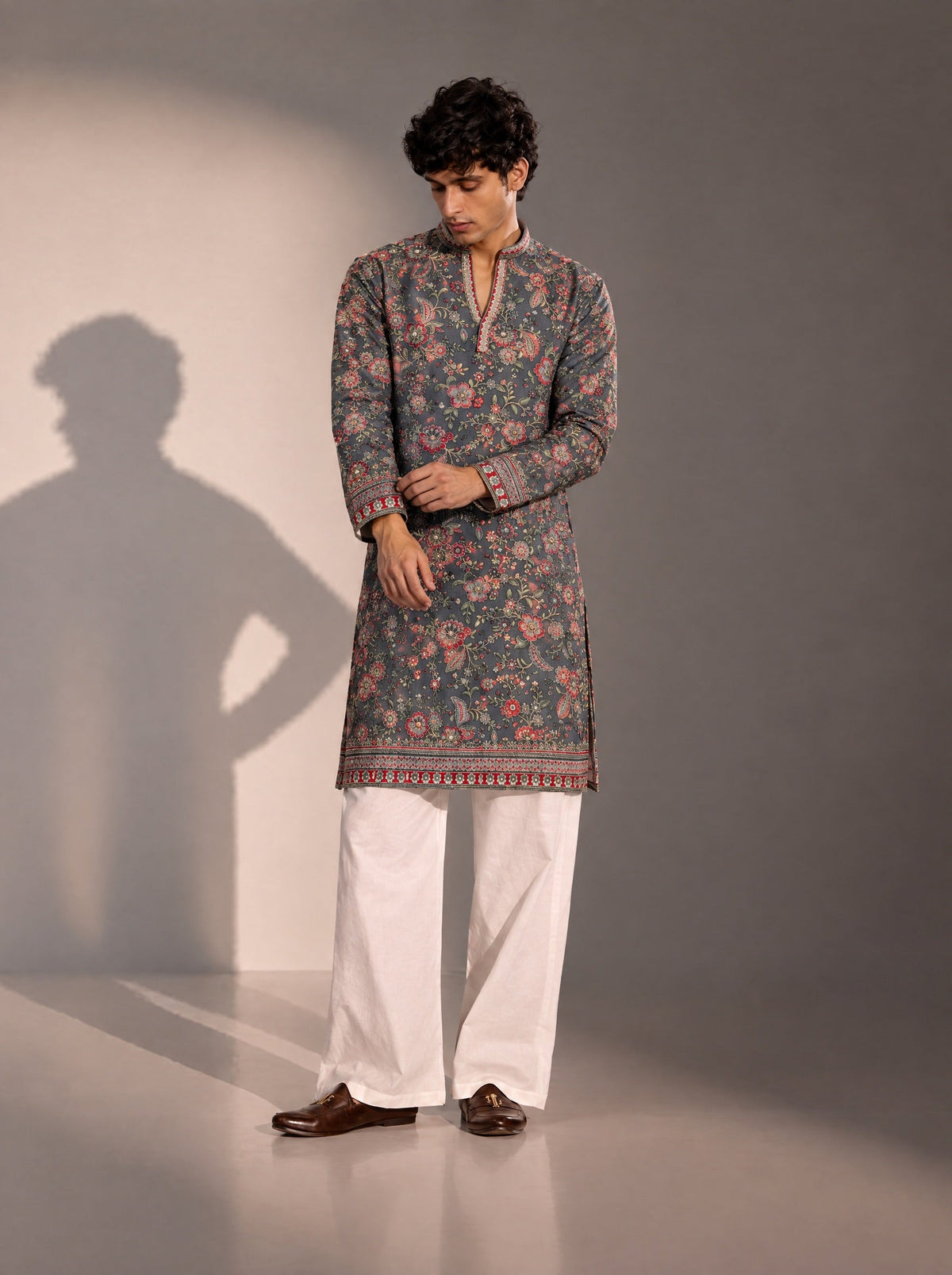 Grey Embroidered Kurta Pajama for Men