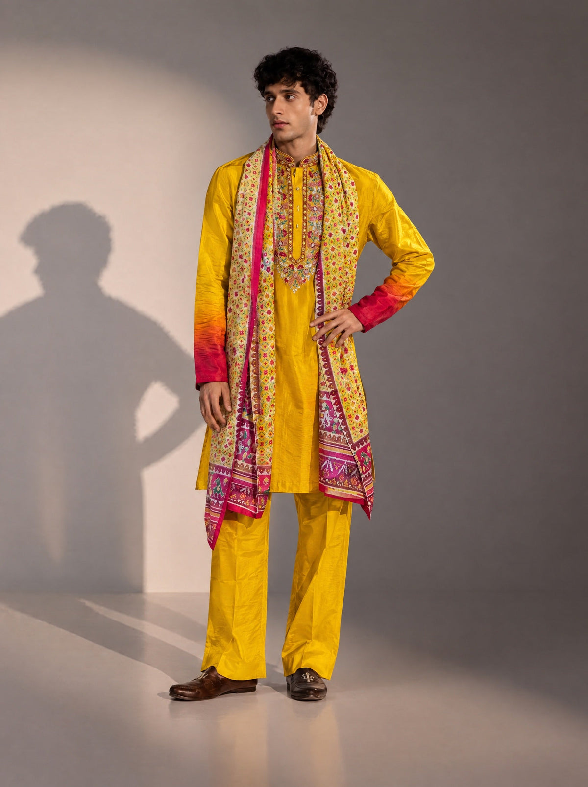 Yellow Embroidered Kurta Pajama With Dupatta for Men