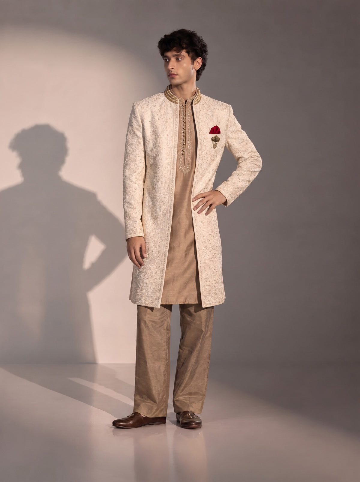Ivory Paisley Embroidered Silk Indowestern For Men