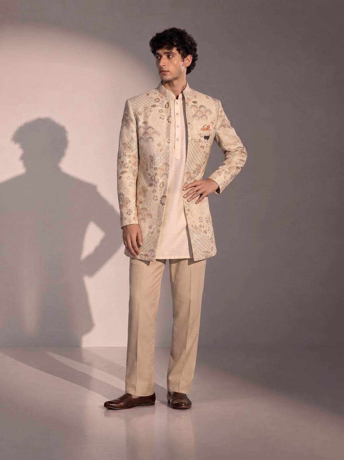 Ivory Peach Floral Jodhpuri Indowestern Suit For Men