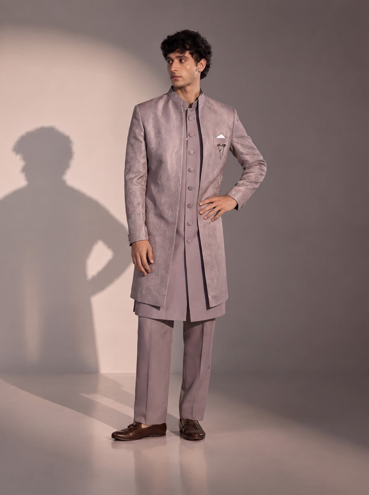 Lavender Jacquard Silk Indowestern For Men