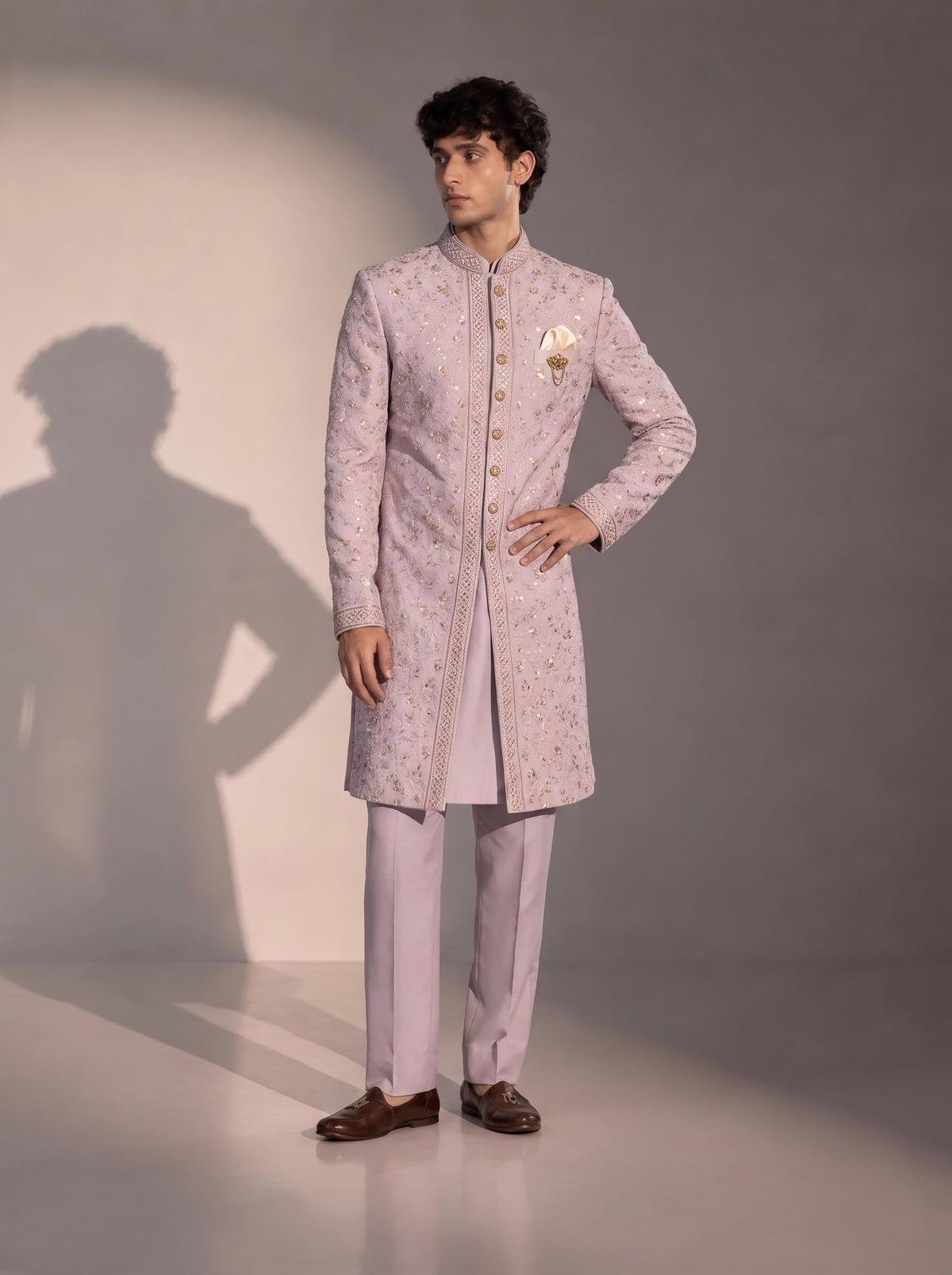 Light Purple Embroidered Silk Indowestern For Men