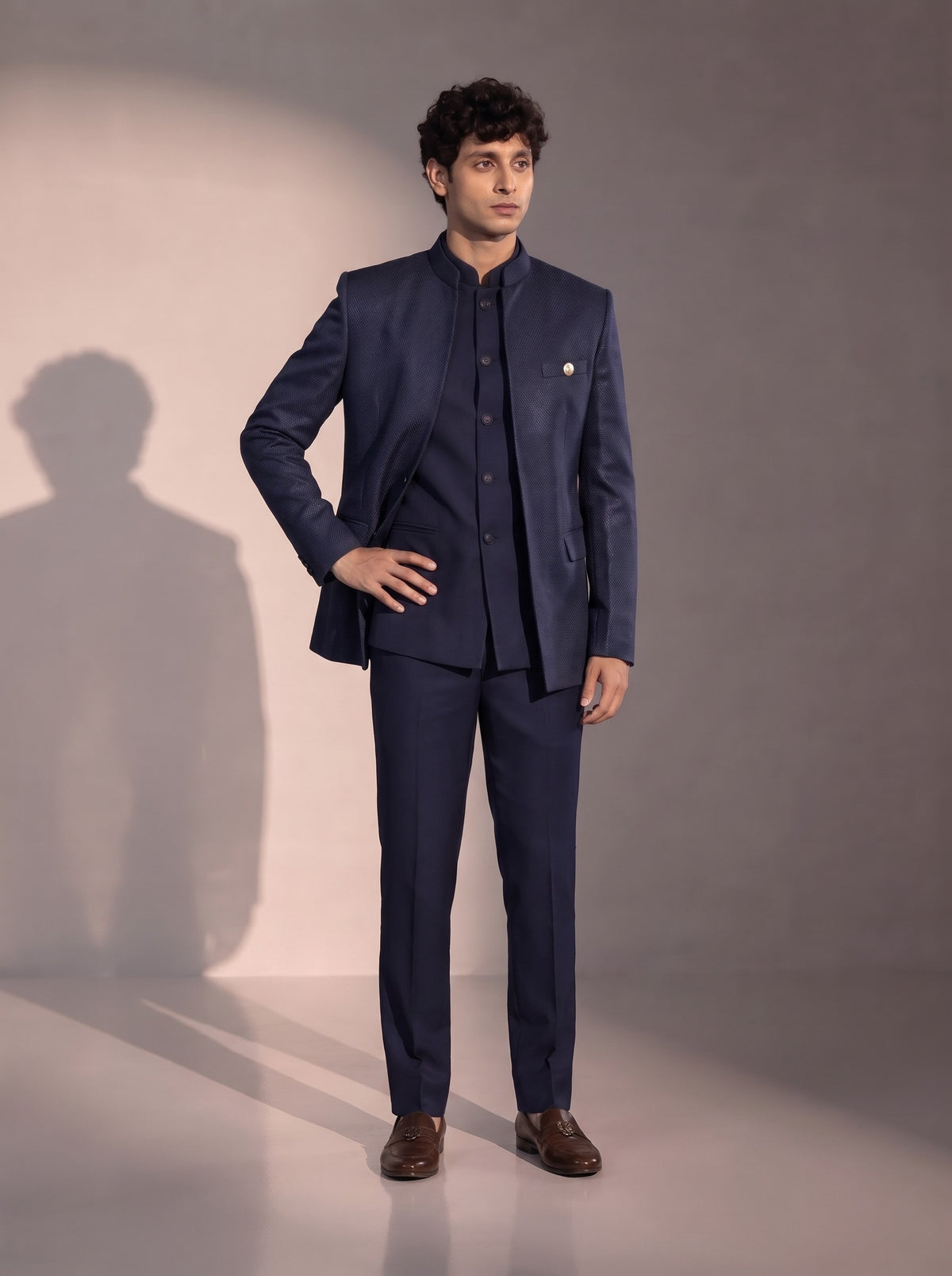Navy Blue Textured Jodhpuri Indowestern Suit For Men