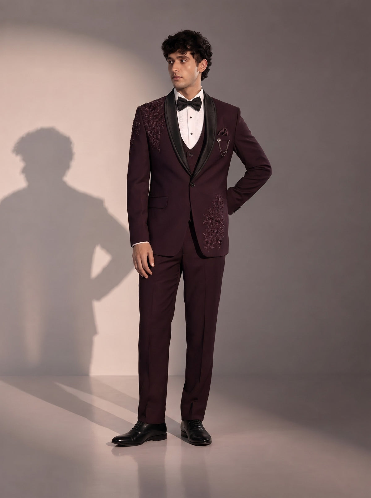 Wine Floral Embellished Tuxedo Suit For Men