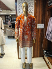 Orange Embroidered Kurta Pajama for Men