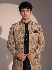 Beige and black embroidered silk indowestern for men - close-up of collar and embroidery