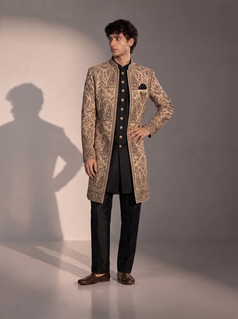 Beige And Black Embroidered Silk Indowestern For Men