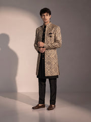 Beige and black embroidered silk indowestern for men - three-quarter view