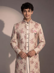 Beige floral embroidered silk indowestern for men - close-up of collar and embroidery