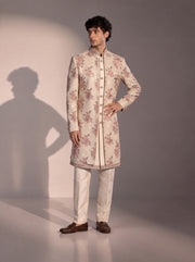 Beige floral embroidered silk indowestern for men - front view