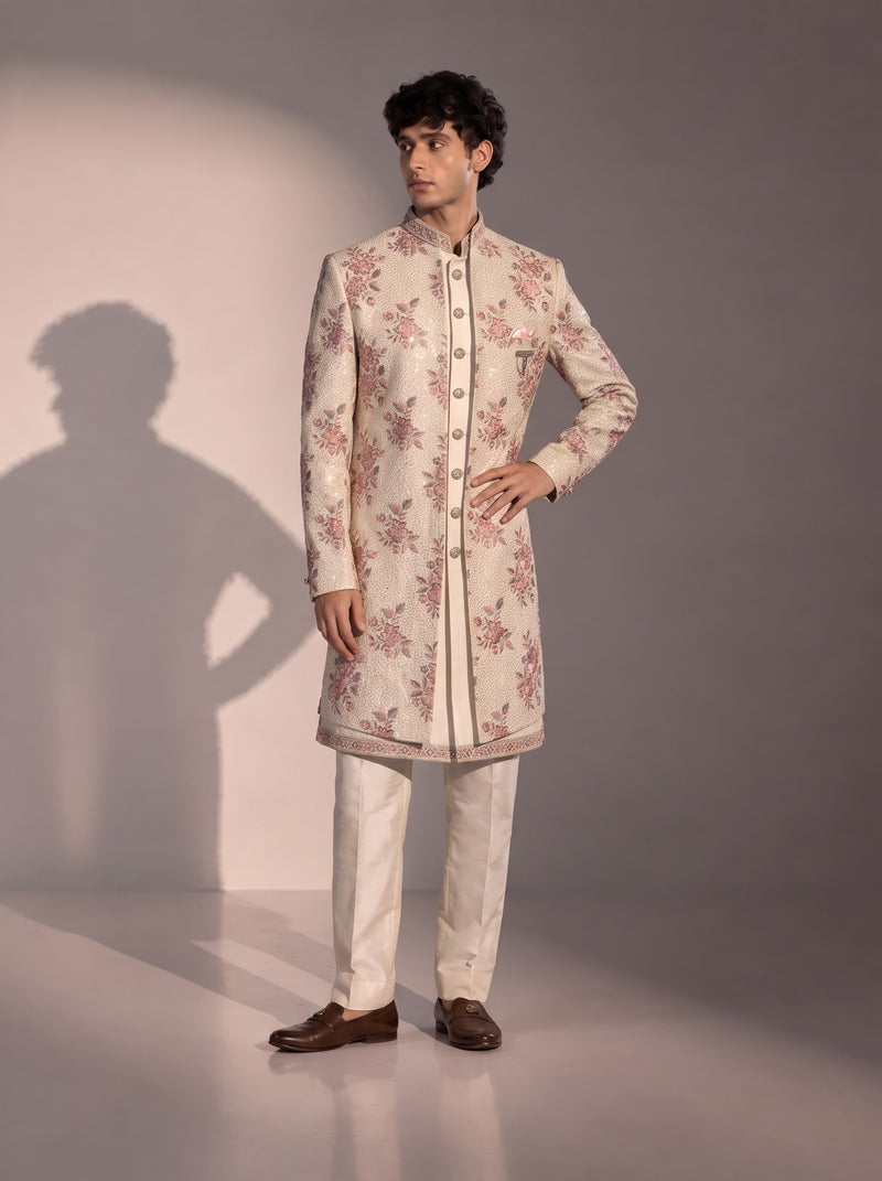 Beige Floral Embroidered Silk Indowestern For Men