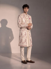 Beige floral embroidered silk indowestern for men - three-quarter view