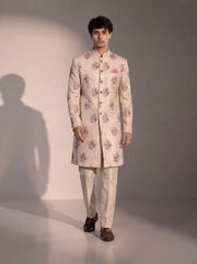 Beige floral embroidered silk indowestern for men - full look