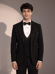 Black beaded shawl lapel tuxedo suit for men - close-up of lapel and detailing