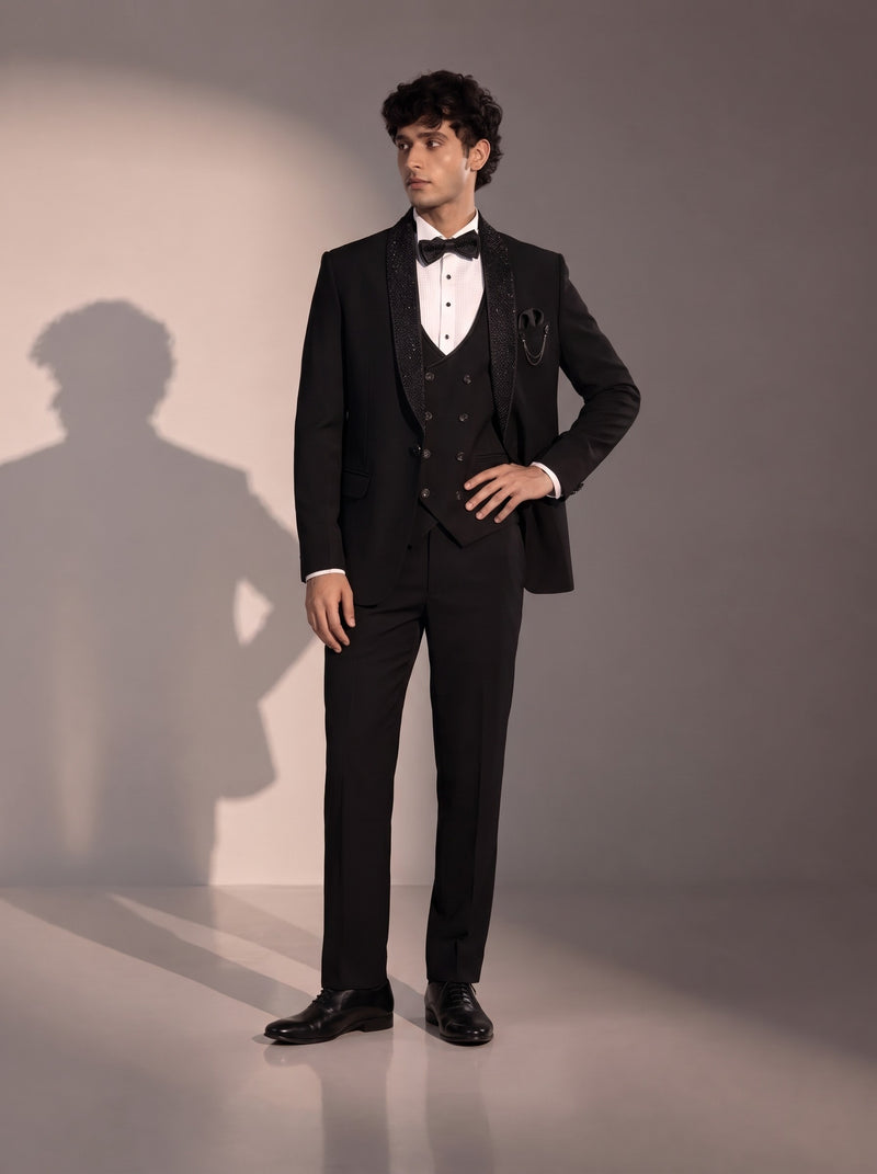 Black Beaded Shawl Lapel Tuxedo Suit For Men