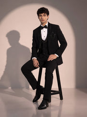 Black beaded shawl lapel tuxedo suit for men - seated pose
