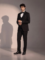 Black beaded shawl lapel tuxedo suit for men - three-quarter view