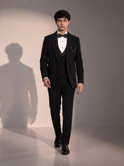 Black beaded shawl lapel tuxedo suit for men - full look
