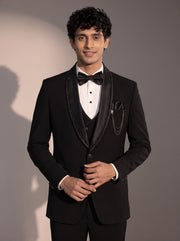 Black crystal trim tuxedo suit for men - close-up of lapel and detailing