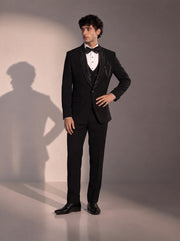 Black crystal trim tuxedo suit for men - front view