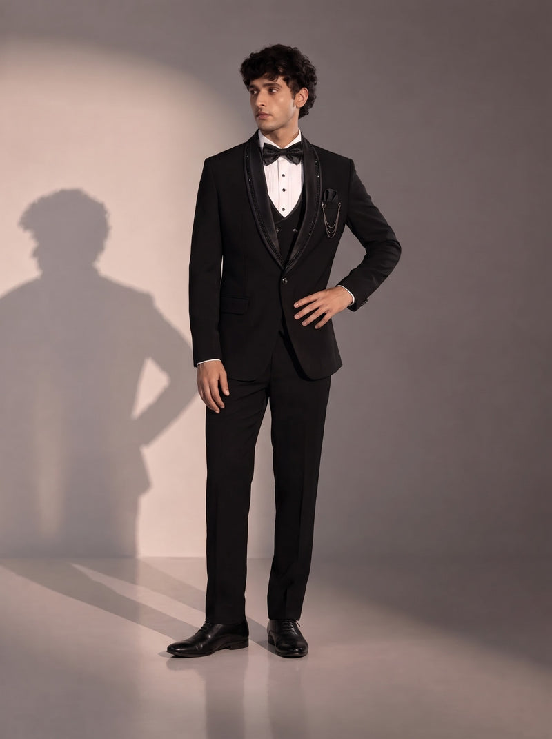 Black Crystal Trim Tuxedo Suit For Men