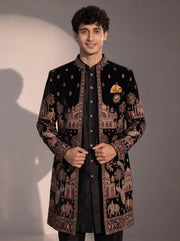 Black multicolour heritage embroidered silk indowestern for men - close-up of collar and embroidery