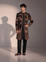 Black multicolour heritage embroidered silk indowestern for men - front view