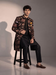 Black multicolour heritage embroidered silk indowestern for men - seated pose