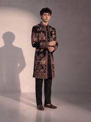 Black multicolour heritage embroidered silk indowestern for men - three-quarter view