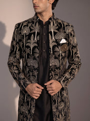Black palm embroidered silk indowestern for men - close-up of collar and embroidery