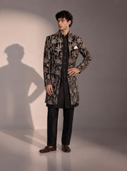 Black palm embroidered silk indowestern for men - front view