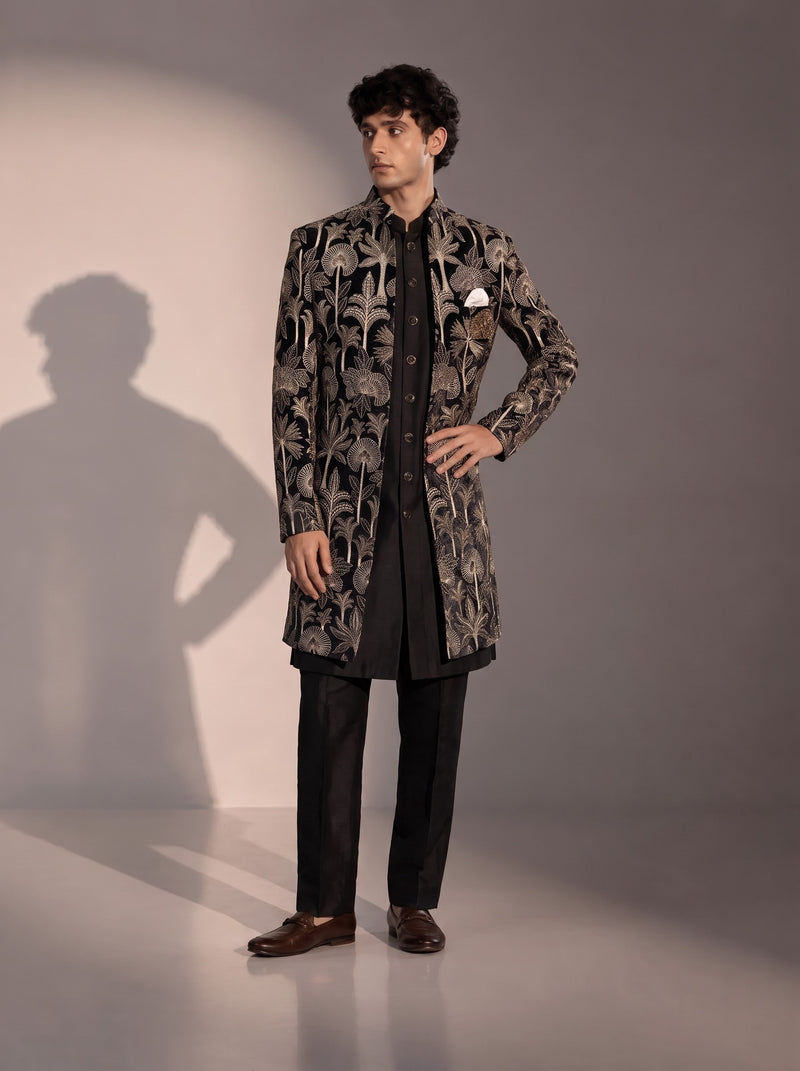 Black Palm Embroidered Silk Indowestern For Men