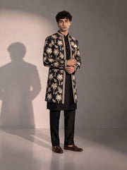 Black palm embroidered silk indowestern for men - three-quarter view