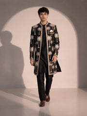 Black palm embroidered silk indowestern for men - full look
