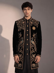 Black peacock embroidered silk indowestern for men - close-up of collar and embroidery