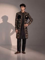 Black peacock embroidered silk indowestern for men - front view