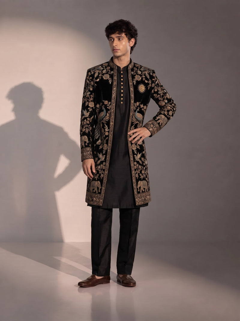 Black Peacock Embroidered Silk Indowestern For Men