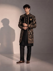 Black peacock embroidered silk indowestern for men - three-quarter view
