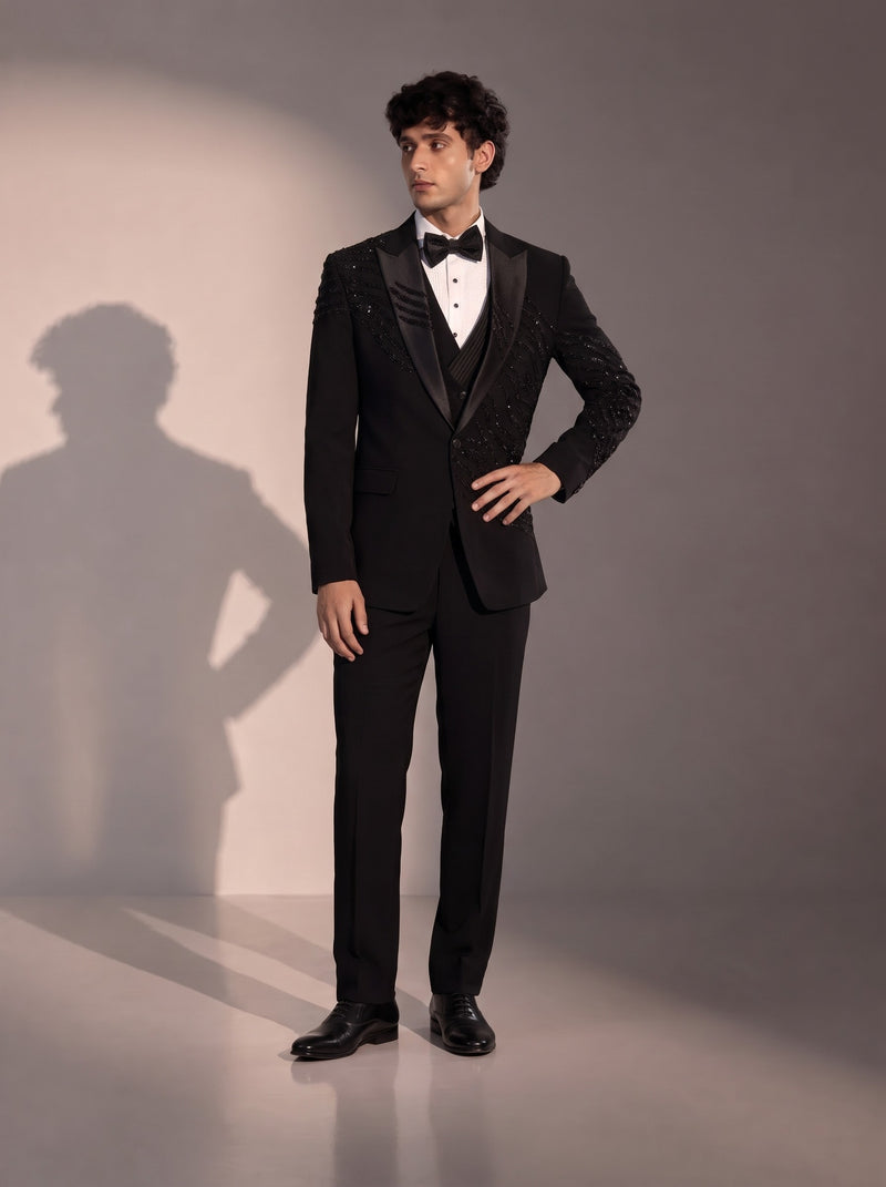 Black Peak Lapel Beaded Tuxedo Suit For Men