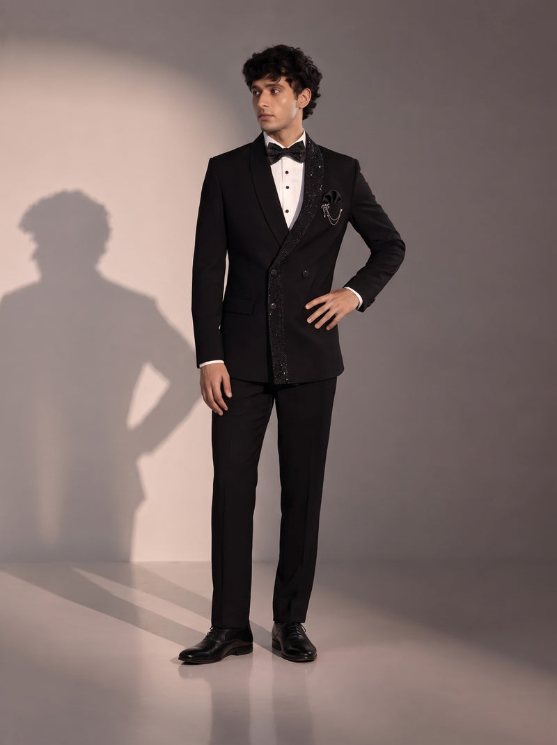 Black Sequin Double Breasted Tuxedo Suit For Men