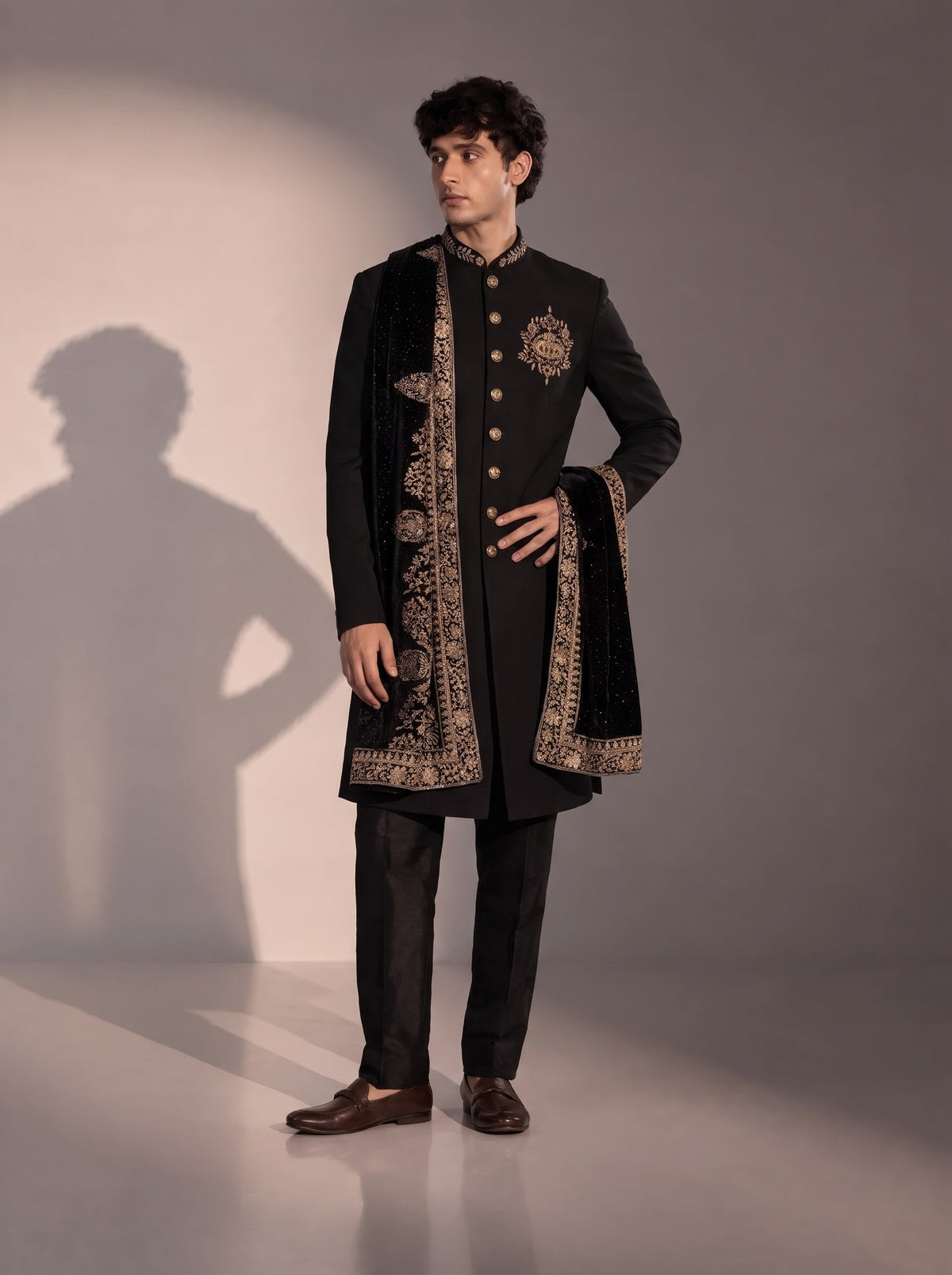Black Silk Indowestern With Gold Crest & Velvet Stole For Men