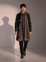 Men's black indowestern with gold zardozi velvet stole for wedding - full look