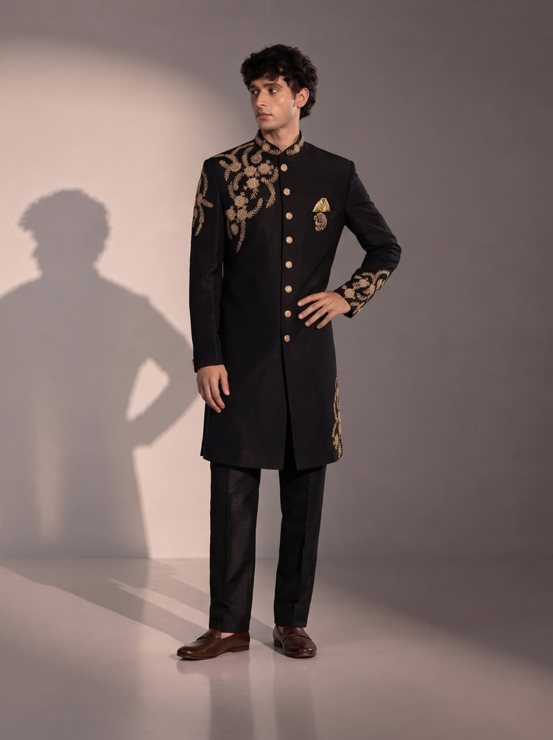 Black Silk Embroidered Indowestern For Men