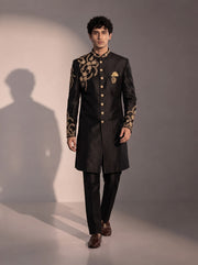 Men's black indowestern with gold zardozi embroidery for wedding and reception