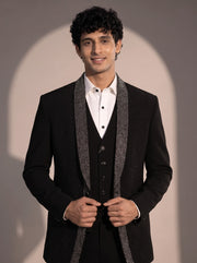 Black silver beaded suit for men - close-up of lapel and detailing